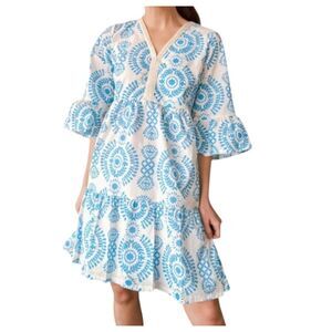 SAIPH Santorini Mini Dress Cotton Bell Sleeves Blue White Size L Italy
